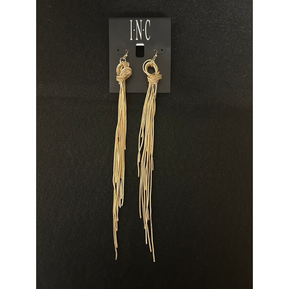 Gold Tone Herringbone Chain Tassel Statement Earrings
